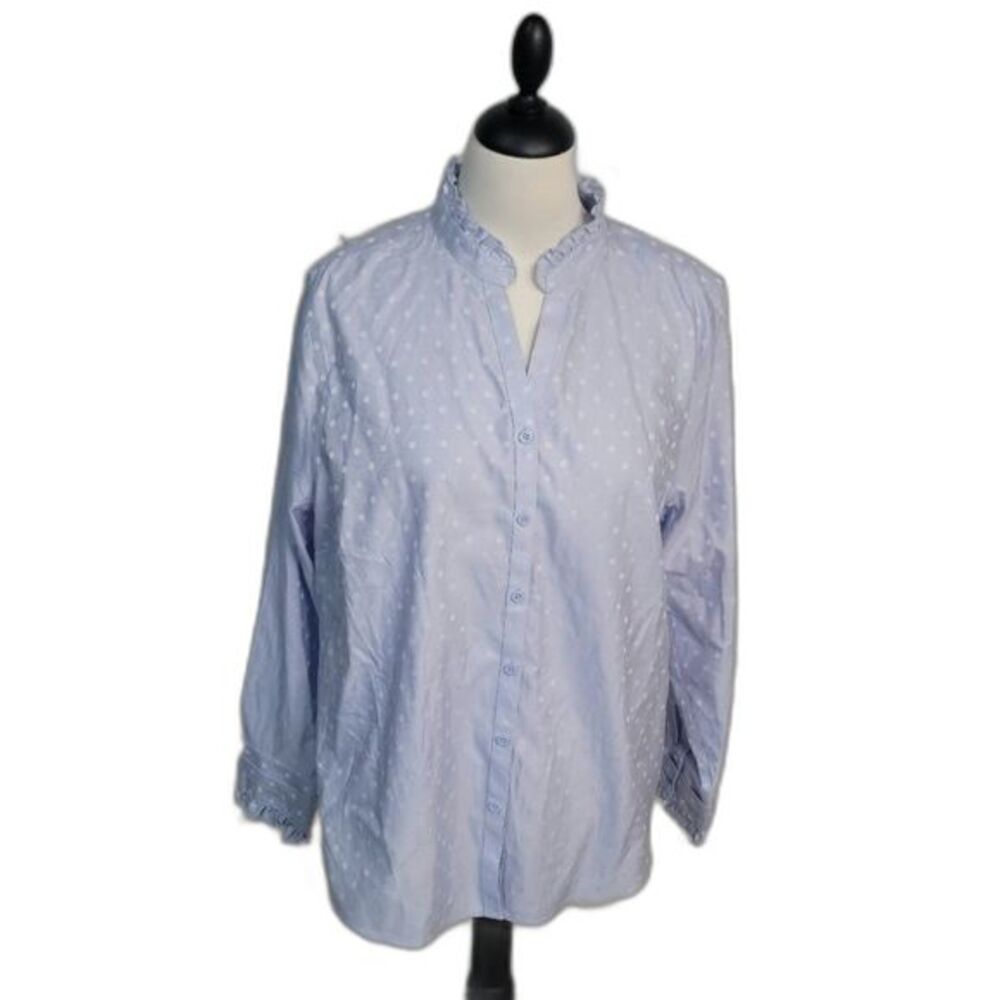 Chico's Button Down Blouse Ruffle Neck Polka dots Blue & White size 2 US 12/14
